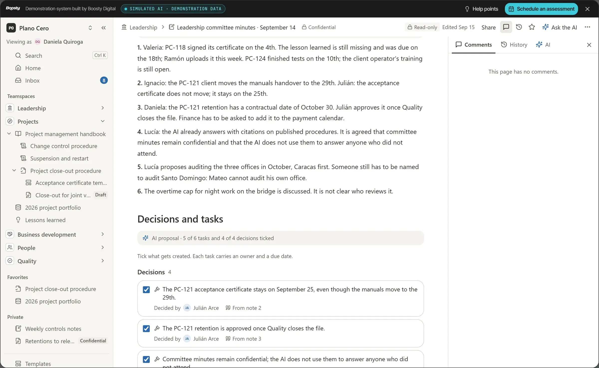 Committee minutes: the AI proposes decisions and tasks citing the source note; whoever keeps the minutes marks which to create and assigns an owner