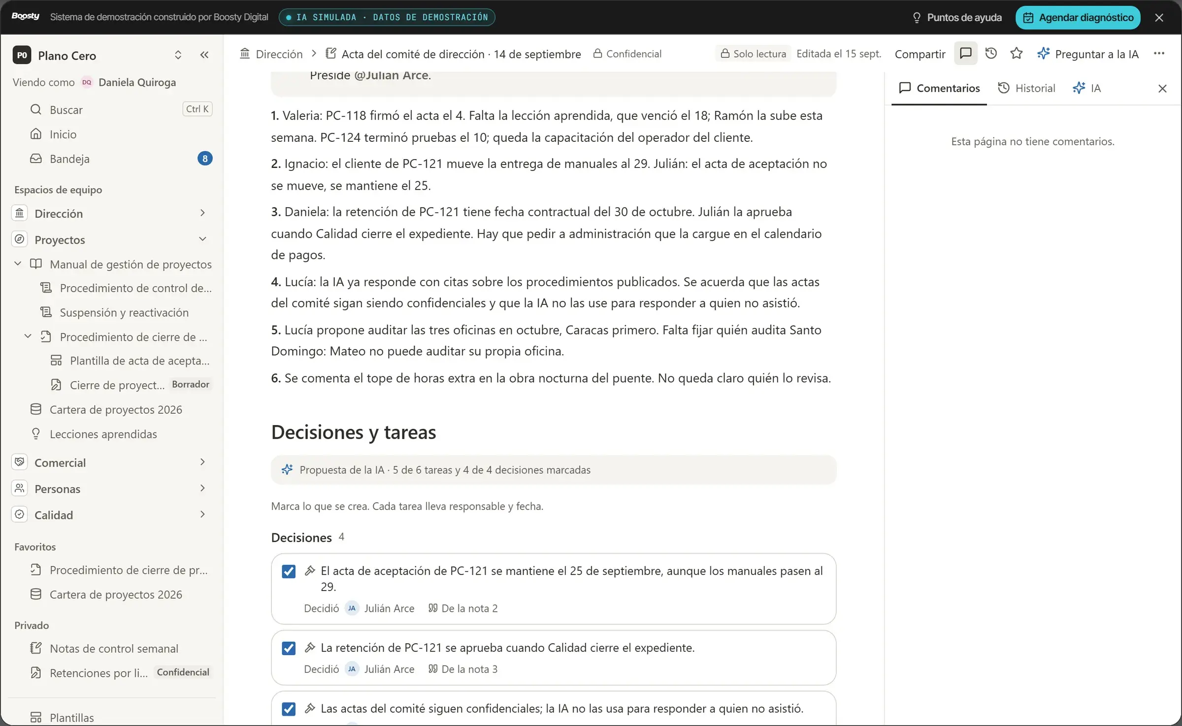 Acta de comité: la IA propone decisiones y tareas citando la nota de origen; quien lleva el acta marca cuáles se crean y asigna responsable