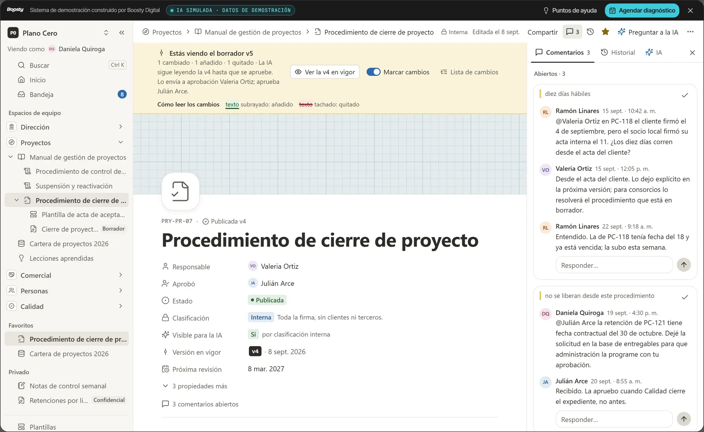 El borrador v5 sobre la versión vigente: cada bloque marcado como cambiado, añadido o quitado, con lo nuevo subrayado y lo retirado tachado