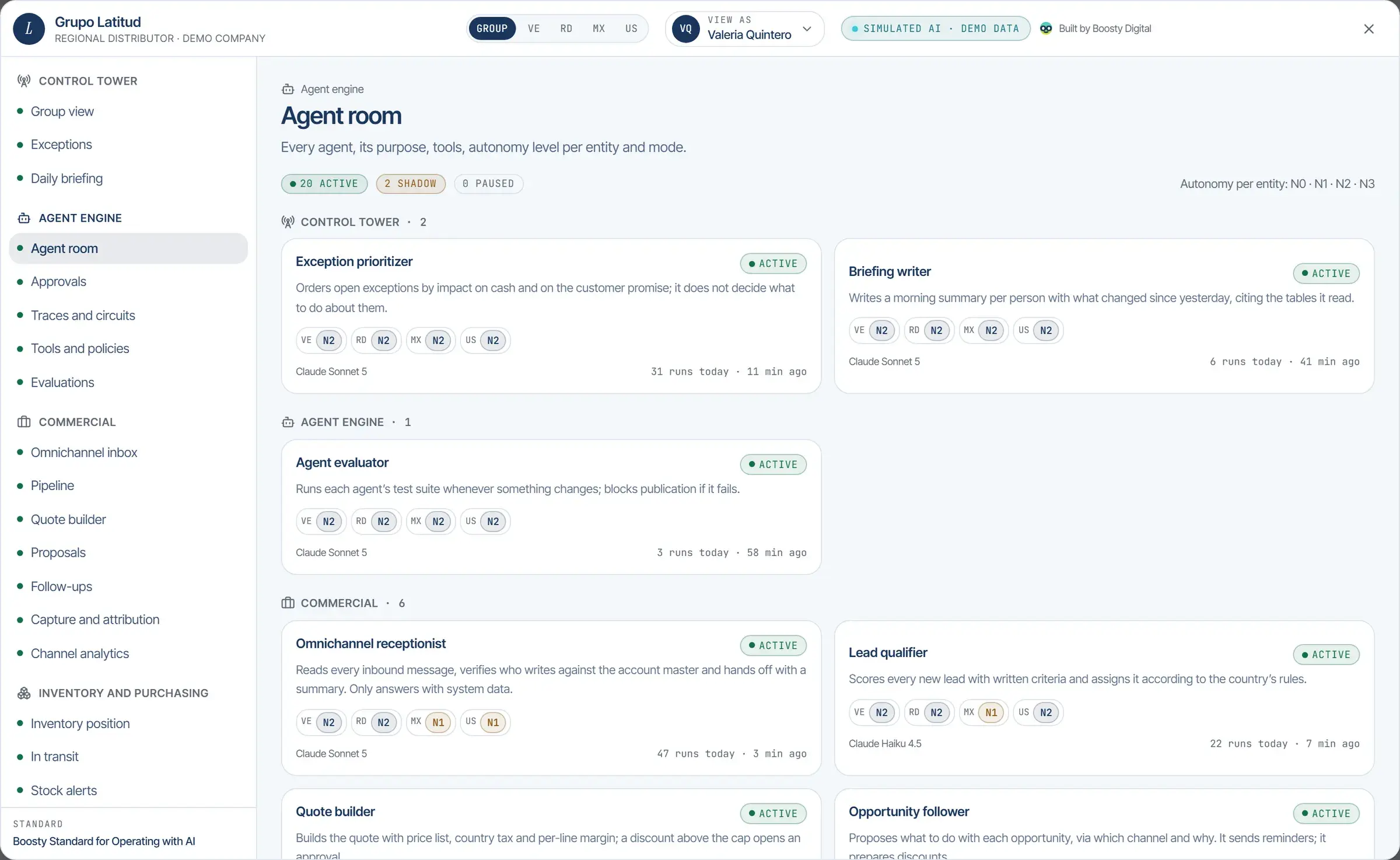 Agent room: every agent with its purpose, tools, autonomy level per country and active or shadow mode