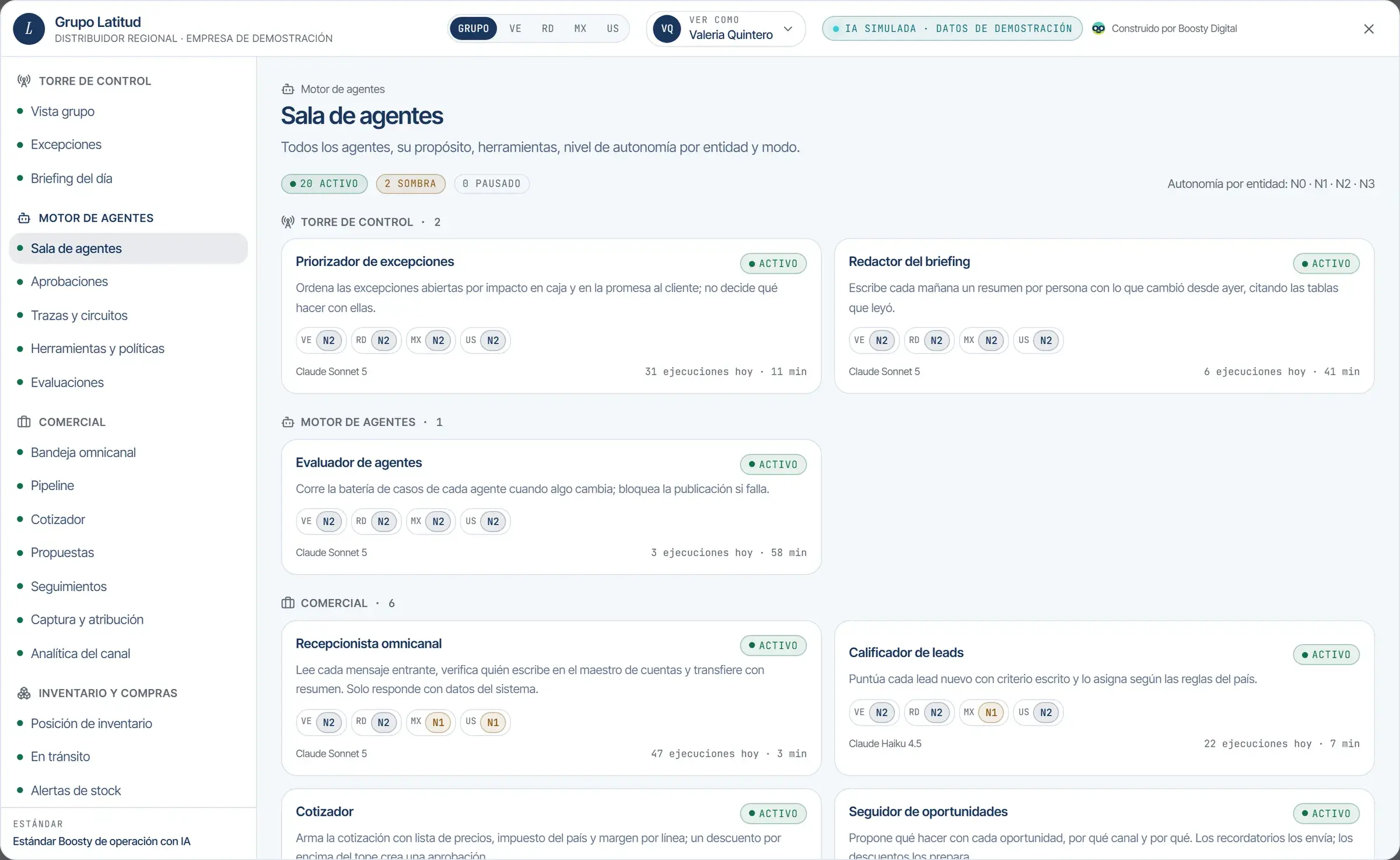 Sala de agentes: cada agente con su propósito, herramientas, nivel de autonomía por país y modo activo o sombra