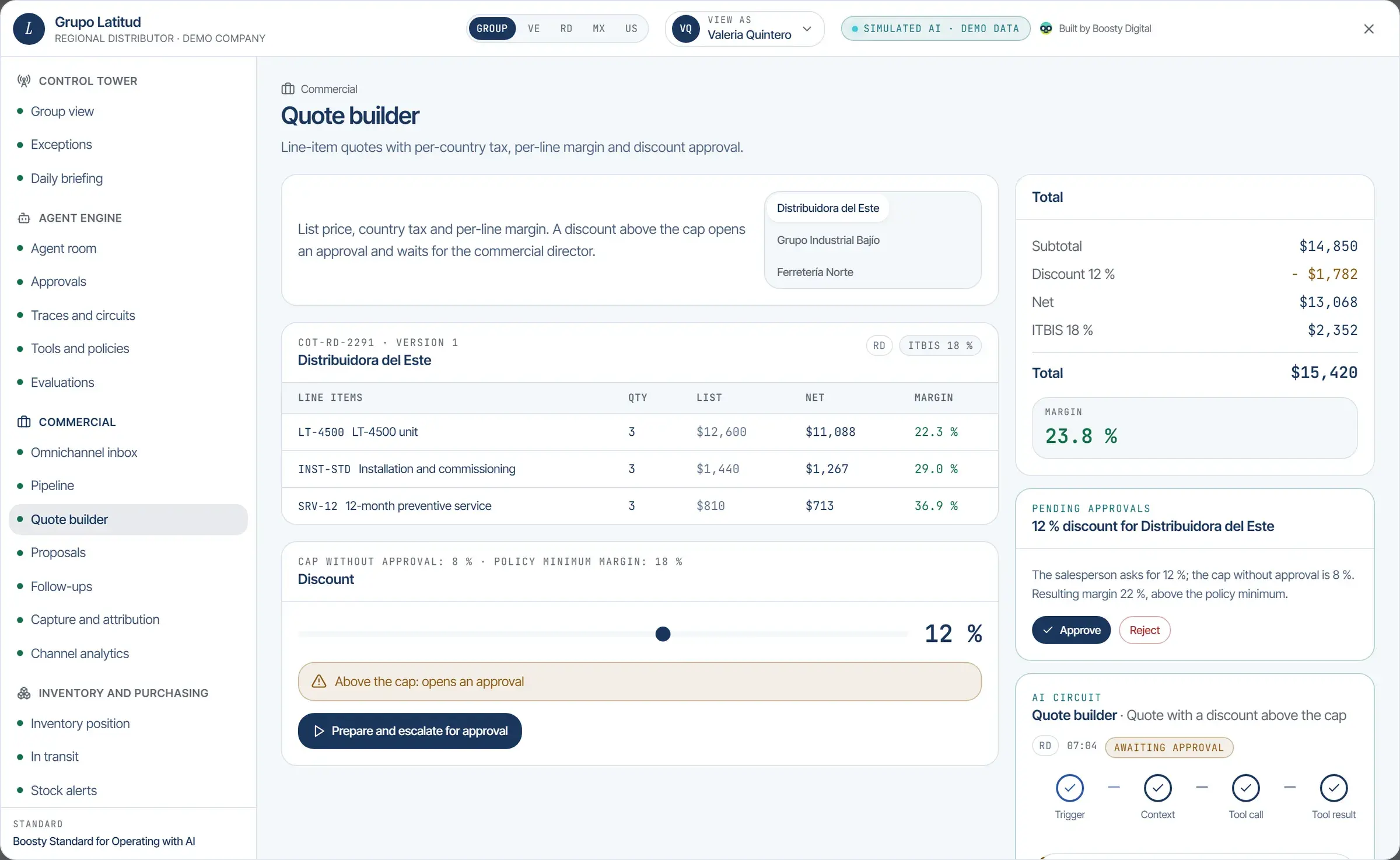 Line-item quote builder with country tax, per-line margin and discount control