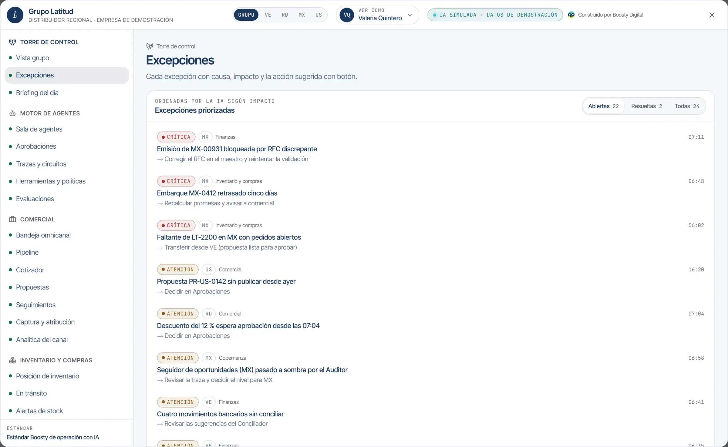Excepciones con su causa, su impacto y la acción sugerida lista para ejecutar